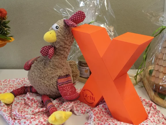 Ein markantes oranges X für X-In und ein Stofftier